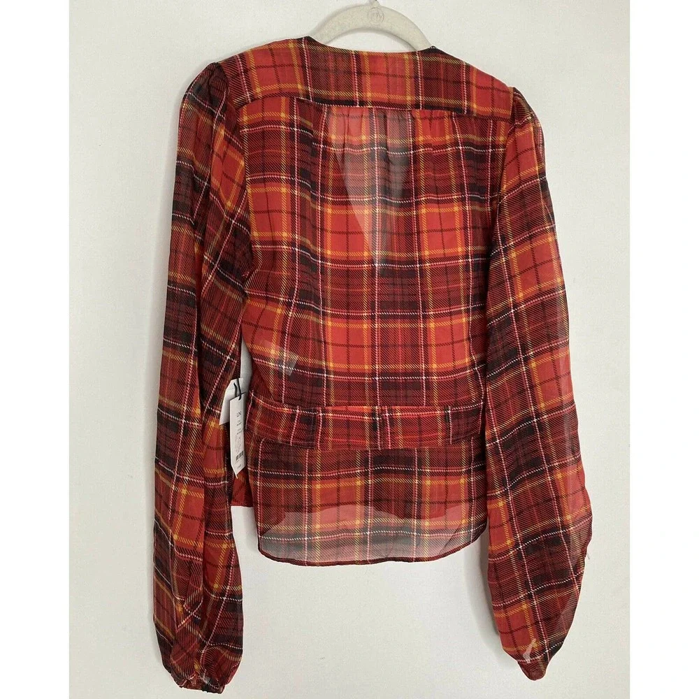$192 LINI Women's Red Plaid V-Neck Sheer Long Balloon-Sleeve V-Neck Blouse XS - Picture 7 of 7